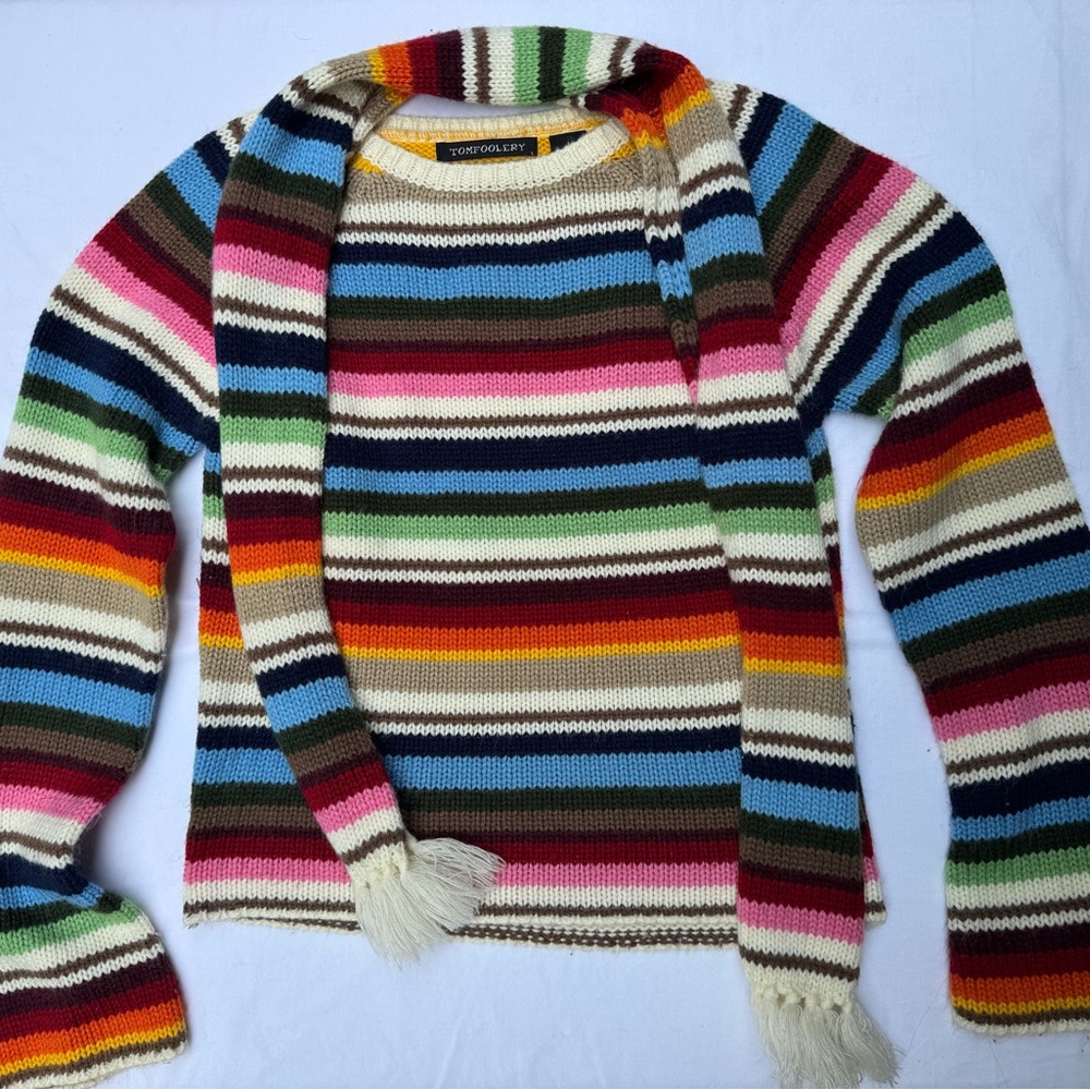 Tomfoolery Women's Colorful Striped Crew Neck Sweater with Matching Scarf